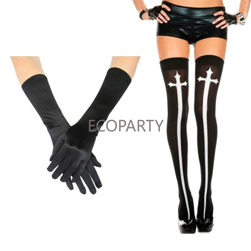 Halloween Cosplay Carnival Theme Party Nun Socks Gloves Cross Necklace Party Accessory Set Cosplay Costume Women Three-piece