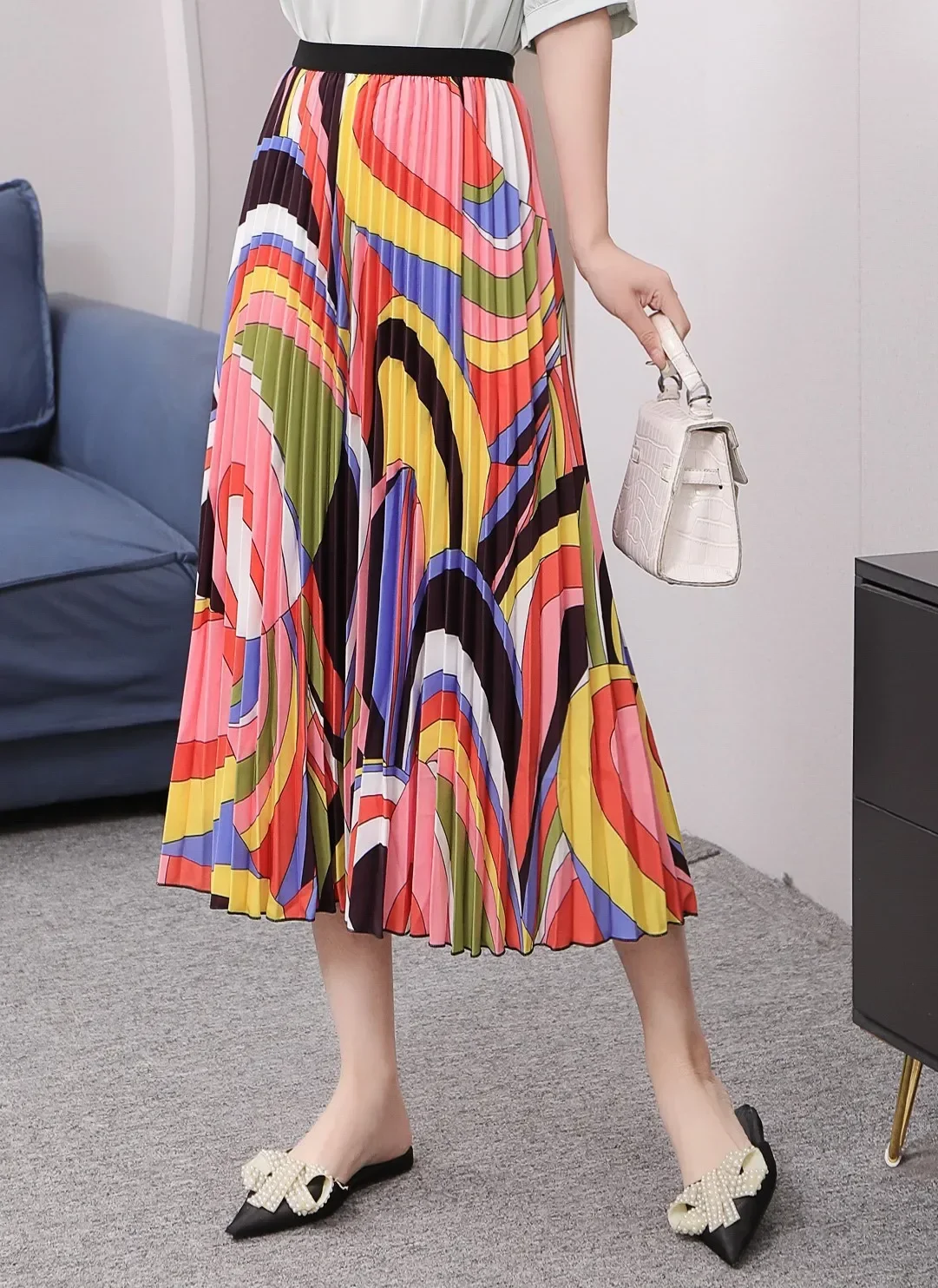 

Female Young Print Pleated Skirts Womens High Waisted Elastic Summer Mid-Calf Long Skirt for Women Girls Party 2023 New