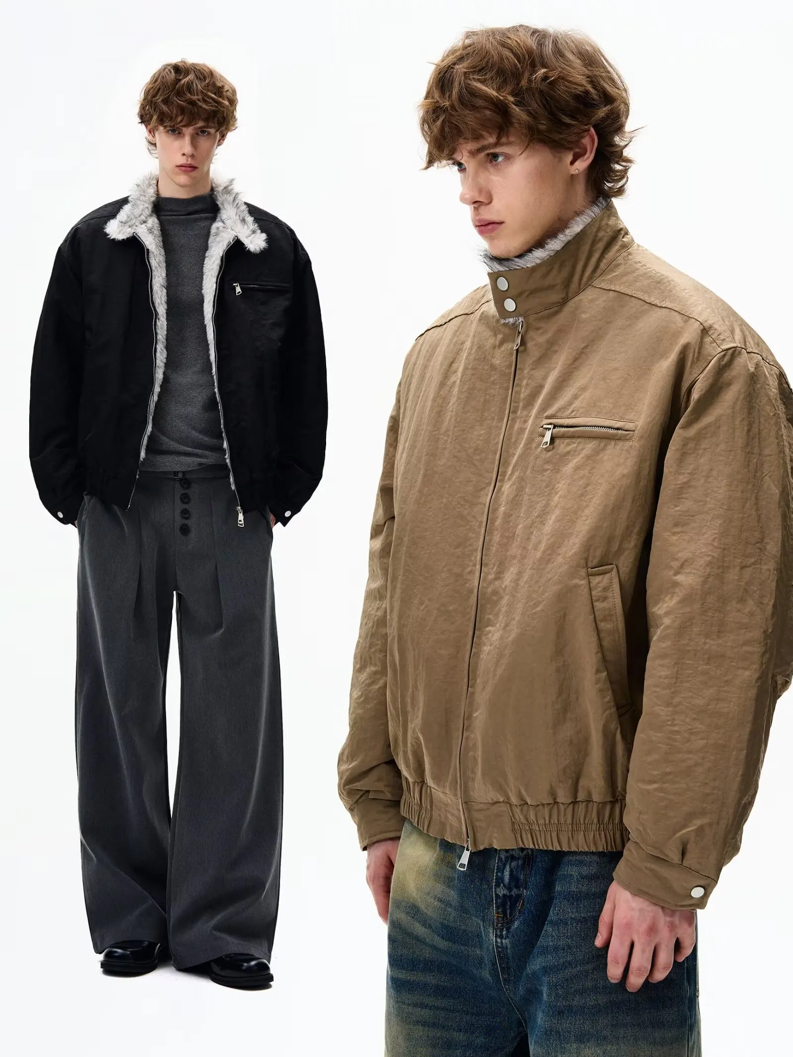 

Винтажная куртка из плотного хлопка с горной резной резьбой в стиле ретро для мужчин и женщин, свободная деконструкция, пескоструйная обработка, ощущение высокого класса, меховой колл