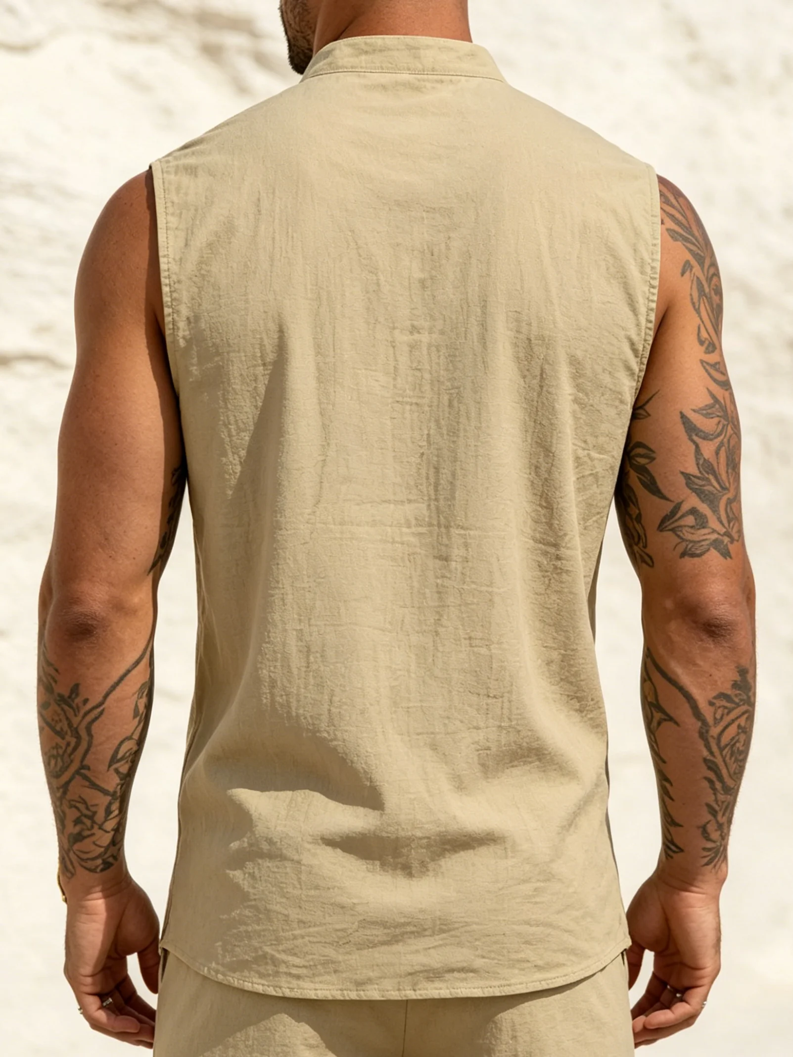 Men's Stand Collar Lace-up Sleeveless Vest Shirt Cross Tie Front Casual Beach Tank Top