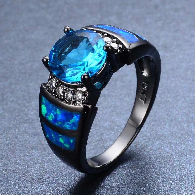 European and American Fashion Black Gold Blue Australian Treasure Round Zircon Ring Elegant Trend Personalized Ring Jewelry
