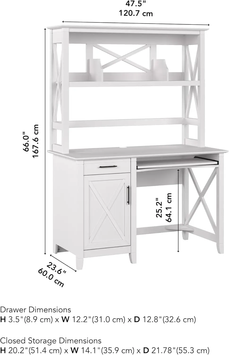 مكتب كمبيوتر Furniture Key West مقاس 48 بوصة مزود بخزانة، من خشب البلوط الأبيض النقي