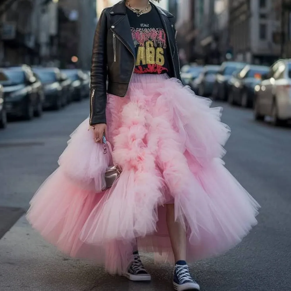 

Pink Ball Gown Birthday Skirts Without Top Tiered High Low Tulle Dance Skirt For Women