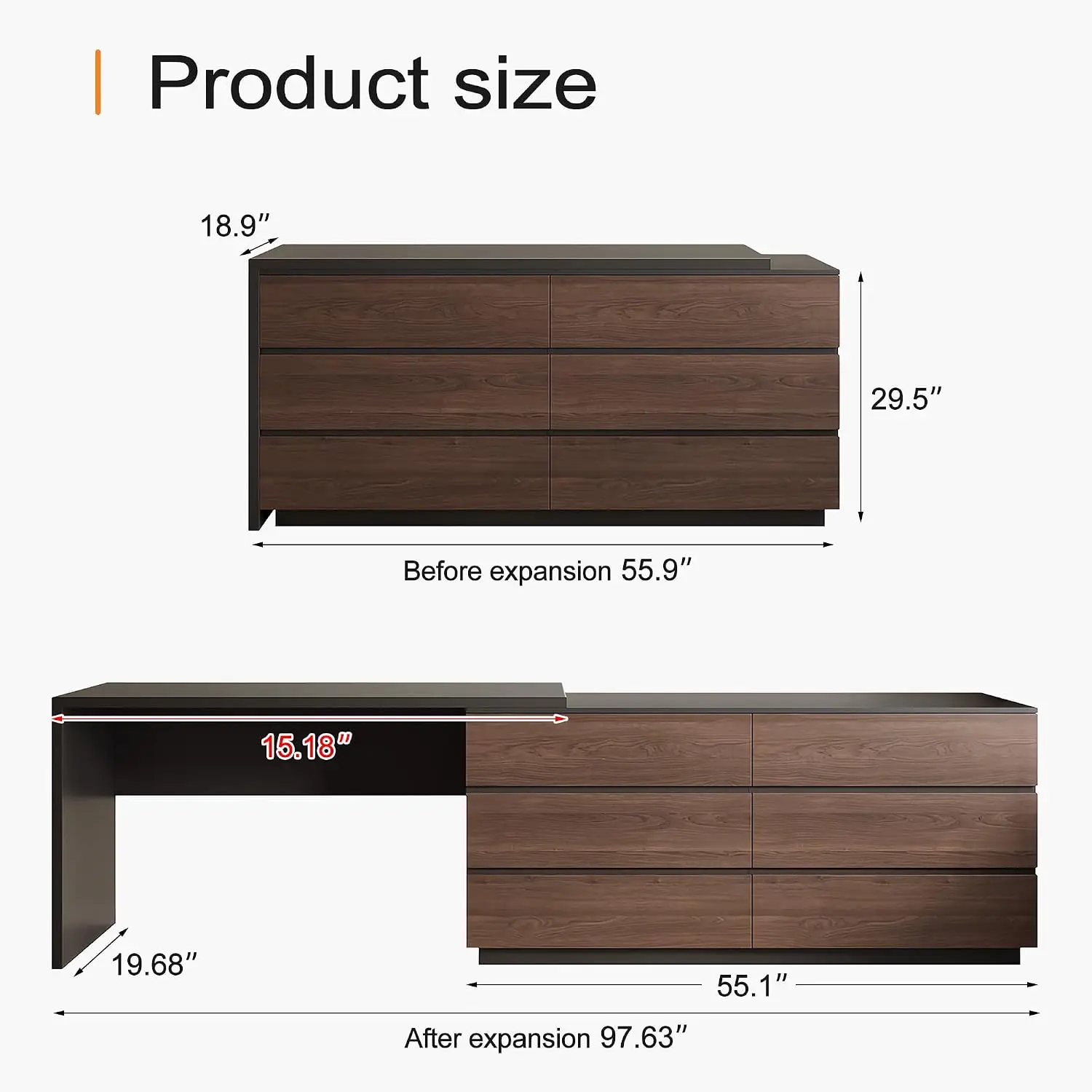 Expandable L-Shaped Dresser, 55.9-97.6 Inch Vanity with 6 Drawers, Rotatable Corner Desk for Bedroom Office, Walnut, Customized