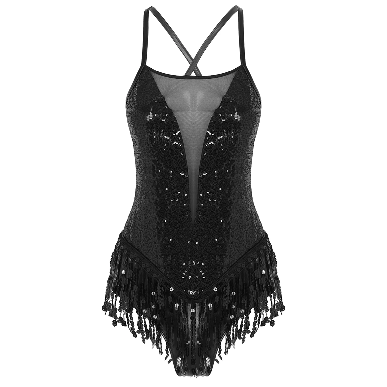 

Women Sexy One-piece Latin Jazz Salsa Dance Dress Shiny Sequin Fringed Leotard Bodysuit Dress Dancing Performance Club Costumes