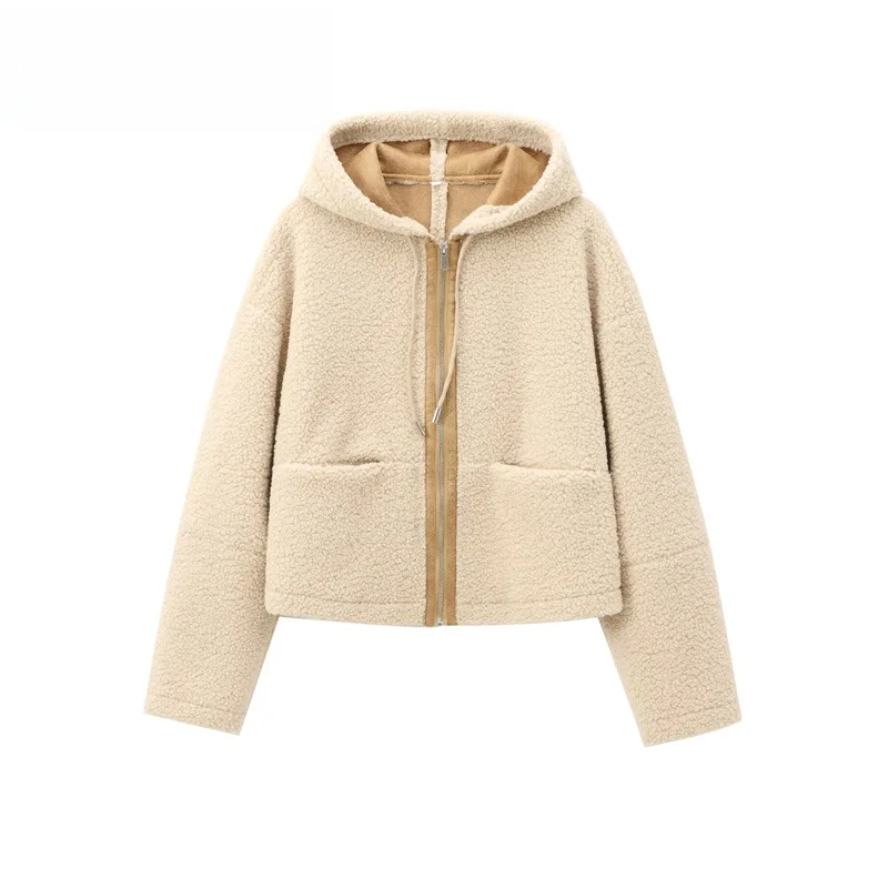 Elegant Gentle Hooded Fleece Long Sleeve Jacket Women's Fashion Outerwear Polyester Fiber Zipper Closure Short Style
