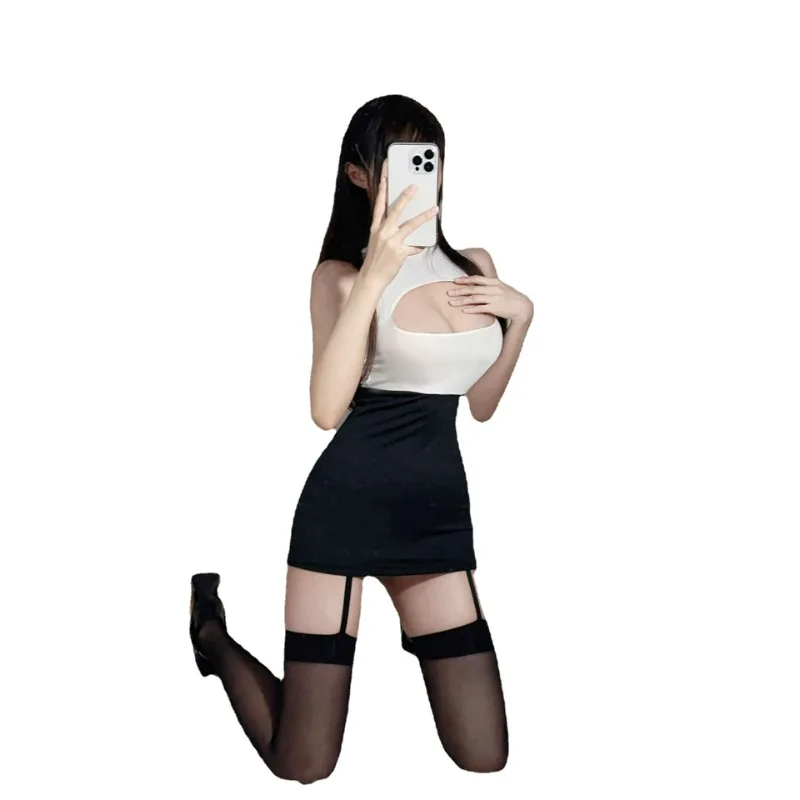 White Sexy Lingerie Cosplay Office Lady Micro MINI Dress Women Stewardess Outfit Secretary Open Chest Dresses Costume