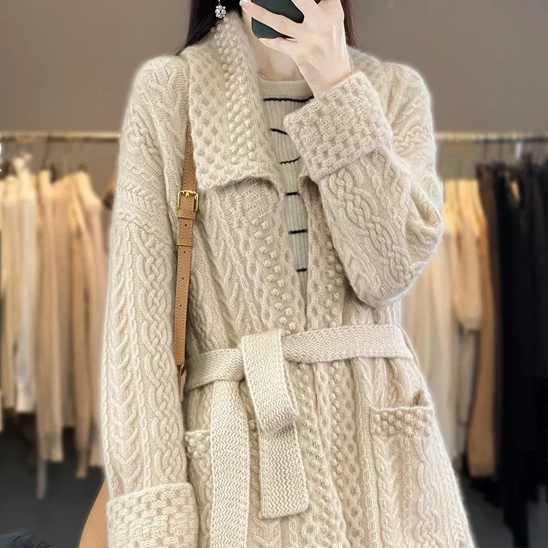 Cashmere Sweater Women\'s Lapel Coat Autumn and Winter New Casual Knitting High-end Trend Long 100% Wool Cardigan Women\'s Coat