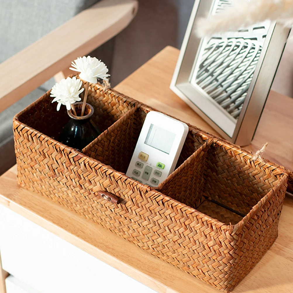 

Woven Storage Basket 3 Compartments Lid Jewelry ganizer Tea Bag Holder Natural Straw Material Long Lasting Shelf Bin Pastoral
