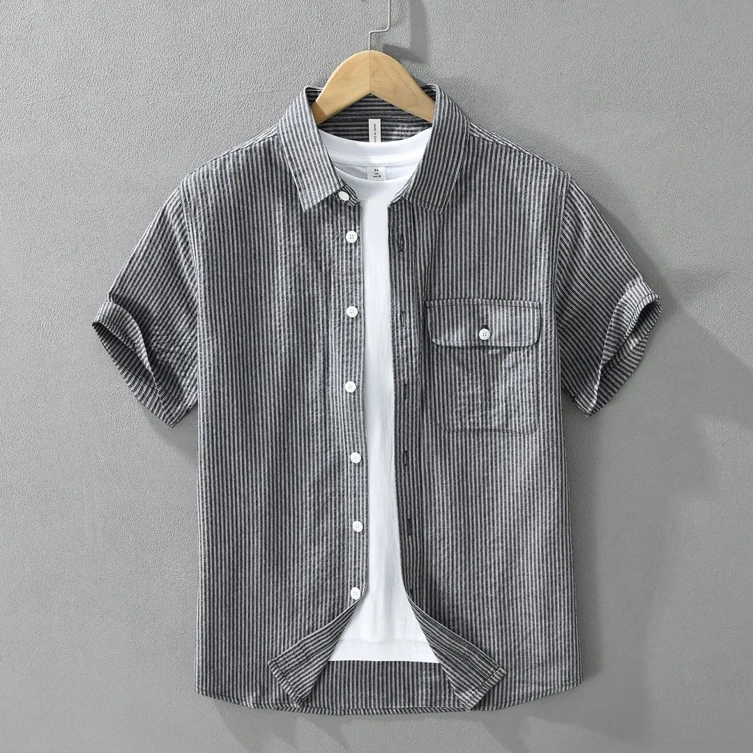 

2026 New Gray Striped Short Sleeve Shirt for Men Casual Shirts Male Fashion Cotton Men's Shirts