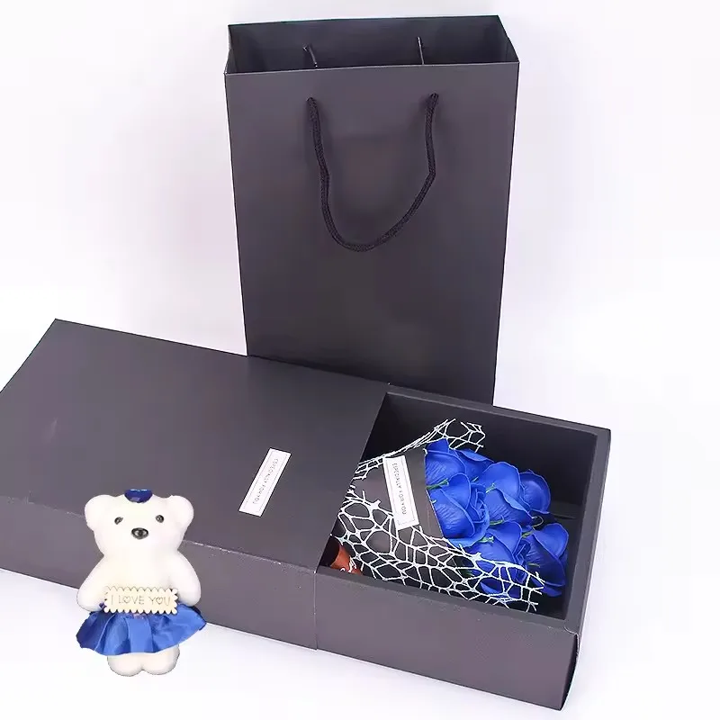 1Pc Handmade 7 Rose Soap Bouquet Little Bear Gift Box Creative Valentine's Day Mother's Day Birthday Party Rose Flower Gifts