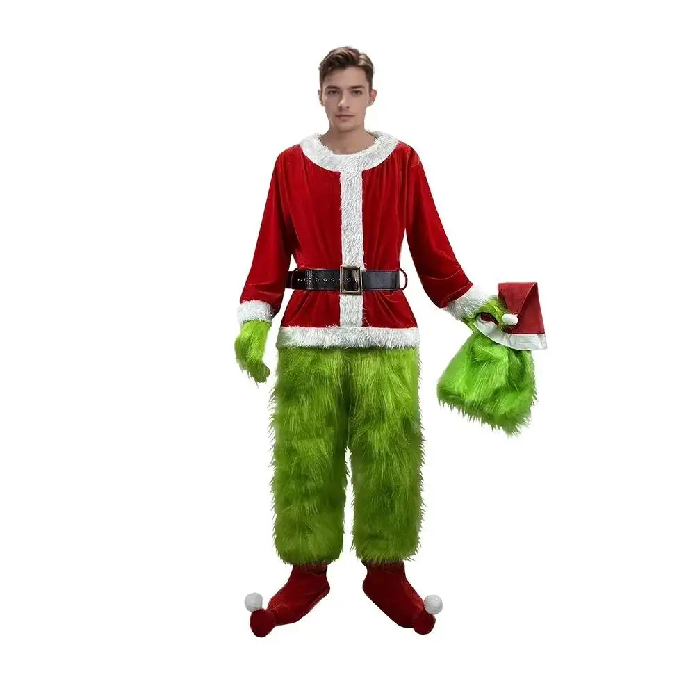 

2025 Santa Claus Costume Set Green Furry Clothes Xmas Halloween Party Performance Outfit Props Tops Pants Socks Bel