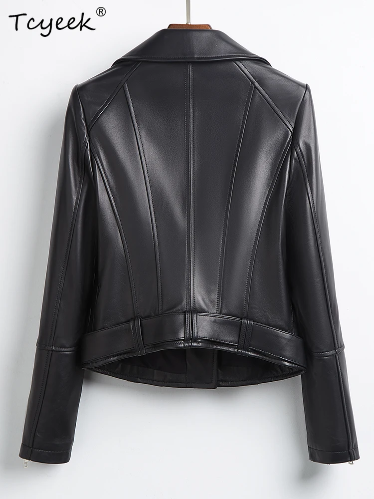 Tcyeek Schaffell Frauen Leder Jacke Frühling Herbst Anzug Kragen Lange Ärmeln Schwarz Kurze Motorrad Jacke Chaqueta Cuero Mujer