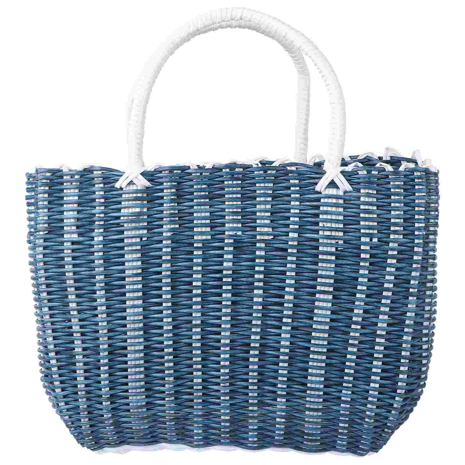 

Large Tote Bag Plastic Storage Basket Woven Hand Portable Shopping Tray Toiletries Navy Weaving ganizer Retro Smooth