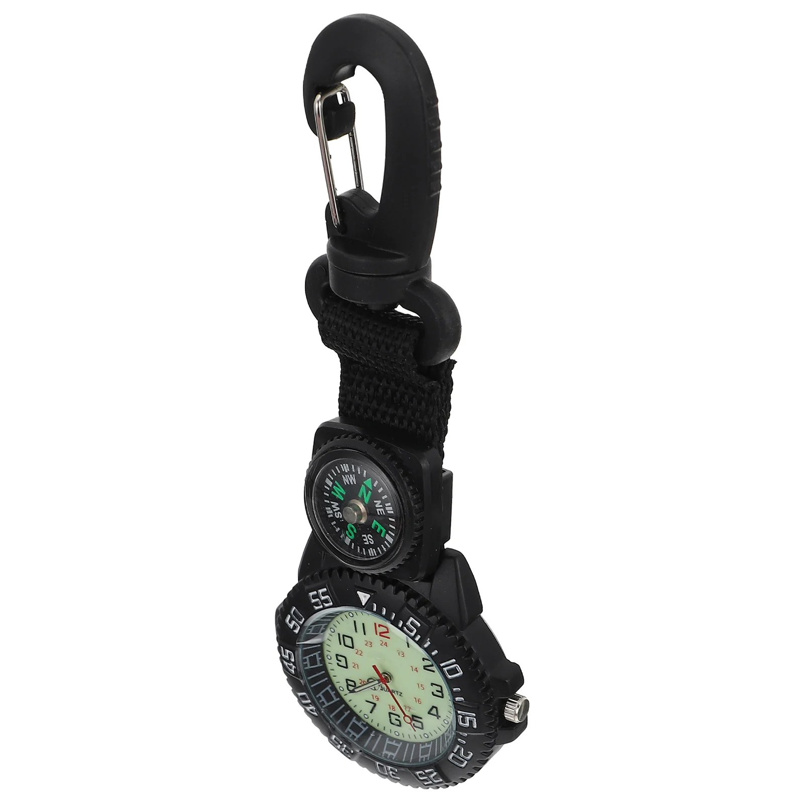 Tasca con moschettone con bussola, orologio da zaino appeso, alpinismo all'aperto, escursionismo, clip sull'orologio per lo zaino in spalla