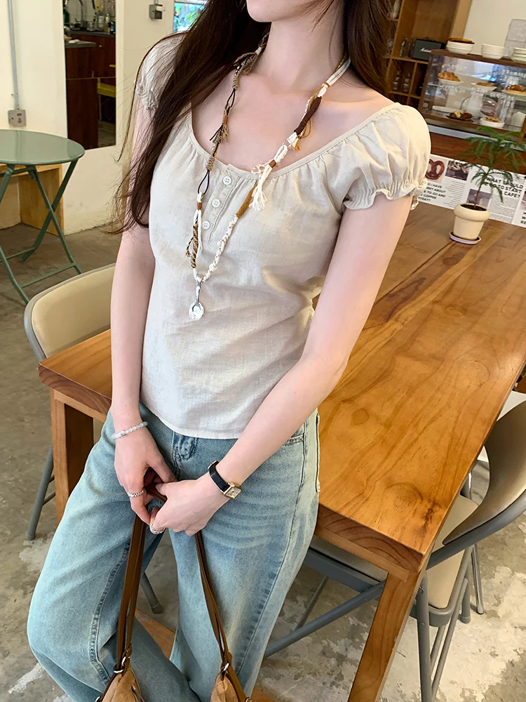 Women's Slim Fit Short Sleeve T-Shirt Bubble Sleeve Cotton Linen Summer New Style Beautiful Top round Neck Korean Style Commute