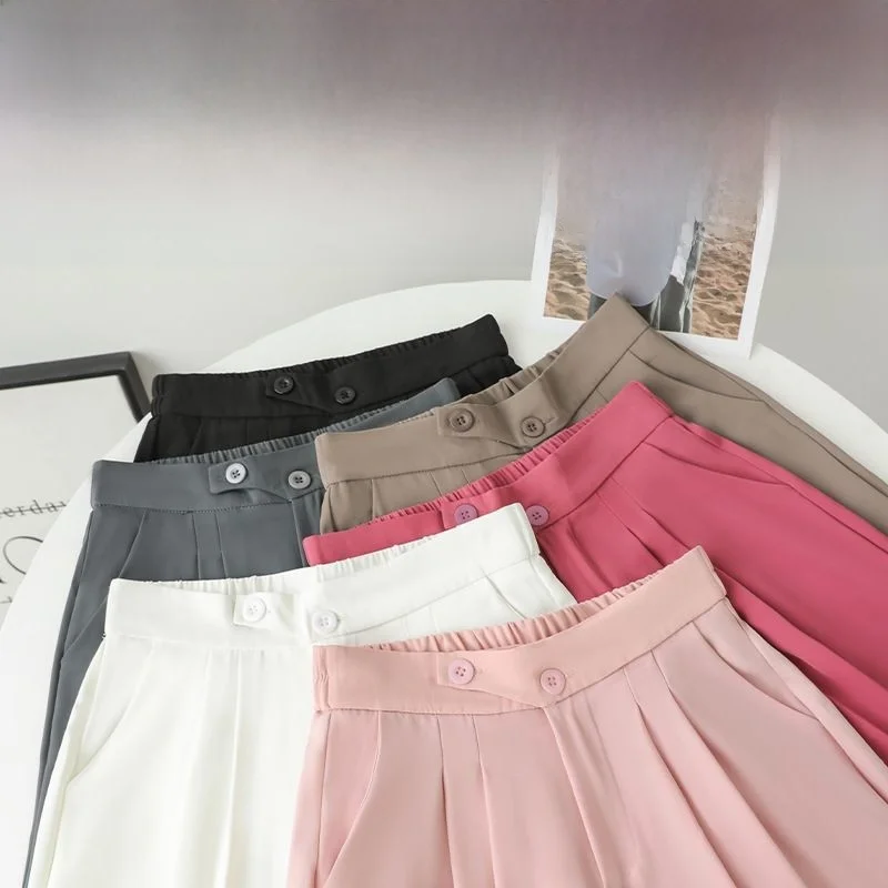 Weiße Anzughose mit weitem Bein für Damen, hohe Taille, drapiert, lockere, bodenlange, doppelte Bule, lässige Hose mit geradem Bein