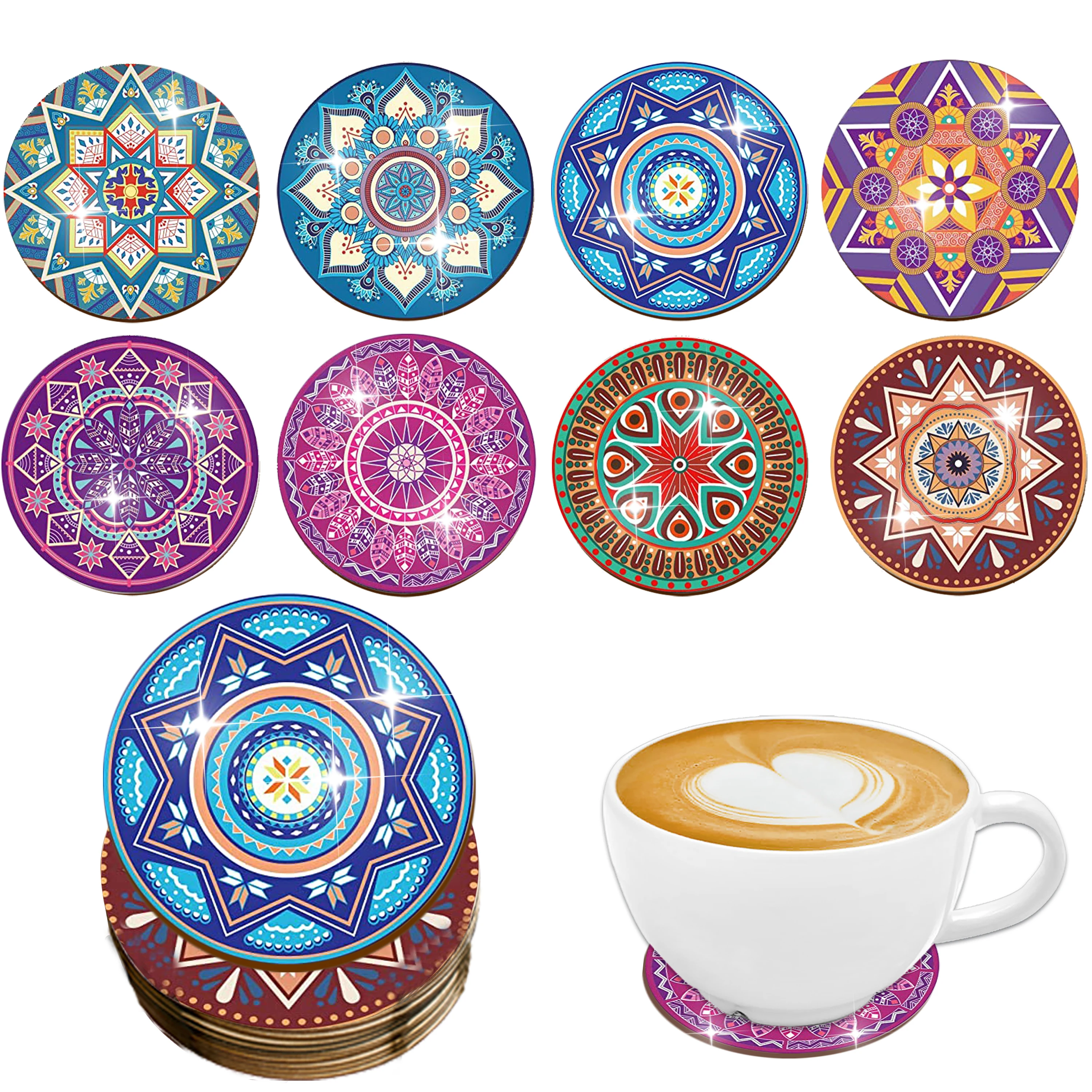 The 8-piece set of round coasters with mandala flower patterns and wooden coasters is suitable for library desk decoration