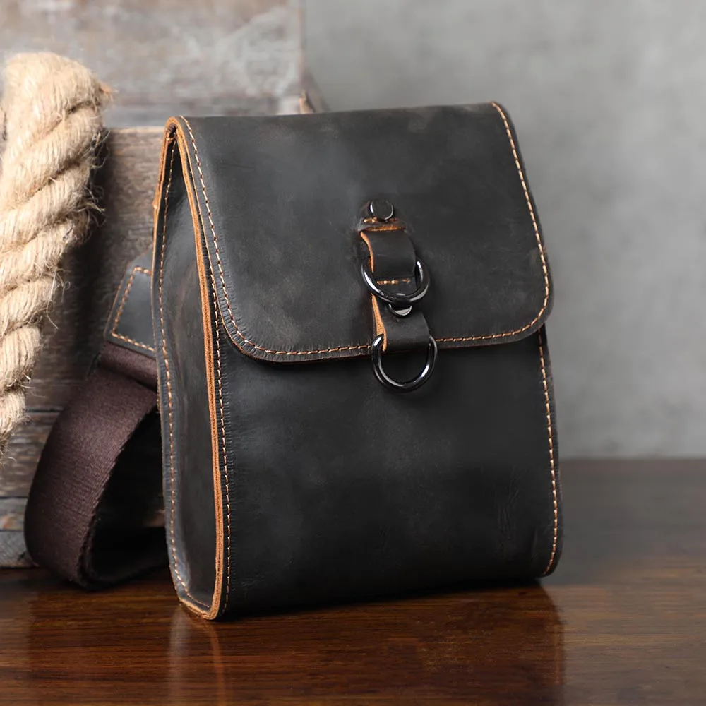 Vintage Echtleder Herren-Umhängetasche aus Crazy-Horse-Leder, Mini-Handytasche für Schlüssel und Karten – Detail 8