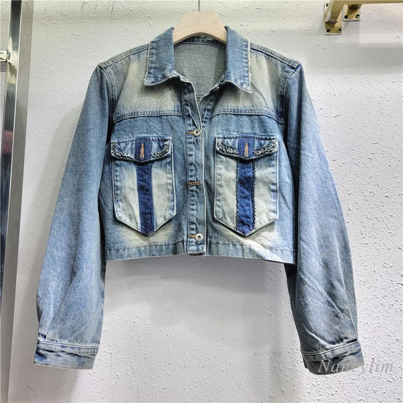 

2024 Spring Short Denim Coat for Woman New European Fashion High-Grade Temperament Street Beaded Pocket Jacket