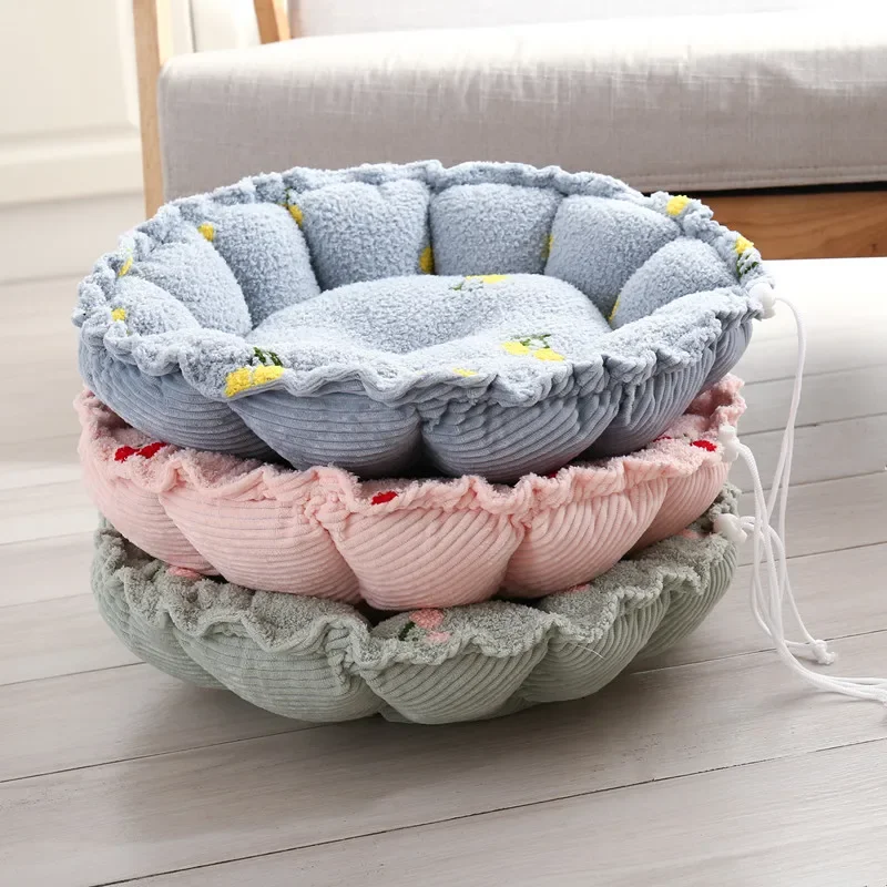 Dual use adjustable cat bed, petal shaped, round cushion, drawstring pumpkin bed, pet bed for warmth, deep sleep, cat bed