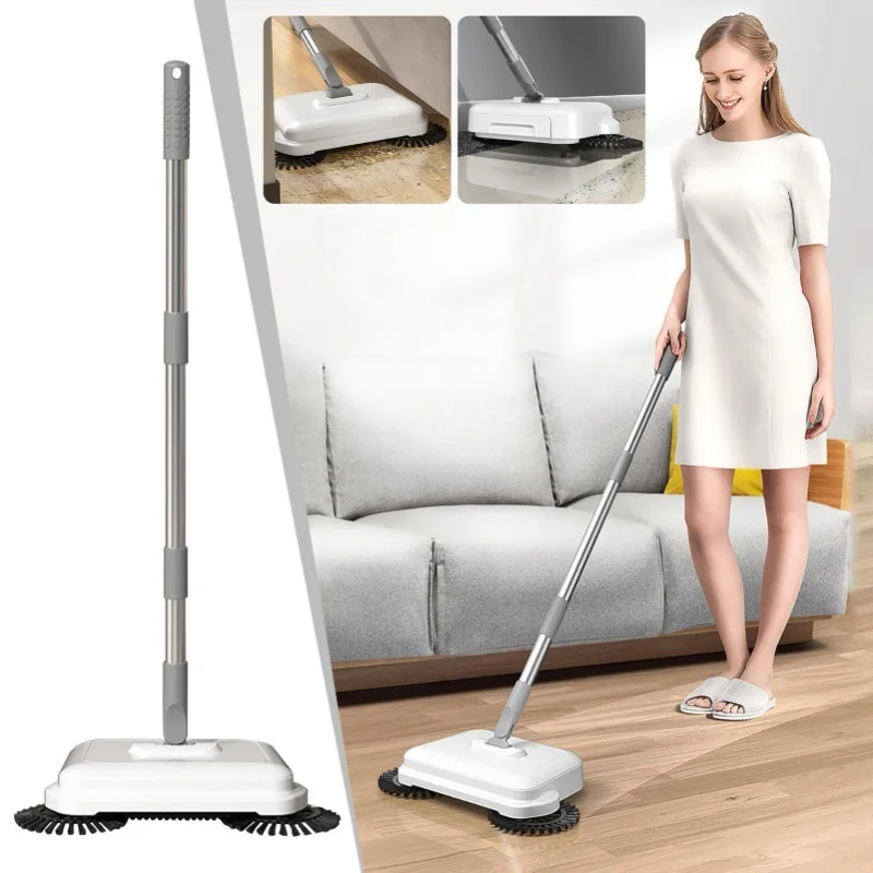 Hand Push Sweeper 2 In 1 Wet Dry Use 360 Degree Rotating Quiet Manual Sweeping Mop For Wood Tile Floor