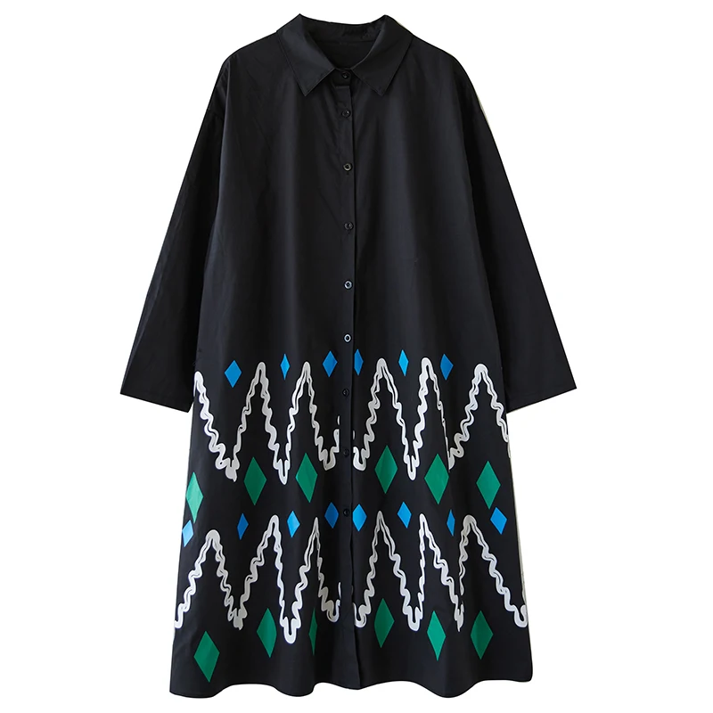 NYFS ルーズプラスサイズロングドレス 春秋 2026 ヴィンテージ長袖パッチワークプリント レディースローブシャツドレス