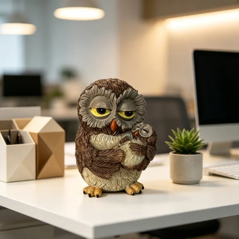Owl Mother & Baby Statue, Resin, Brown & Beige, Cute Figurine for Home Decor