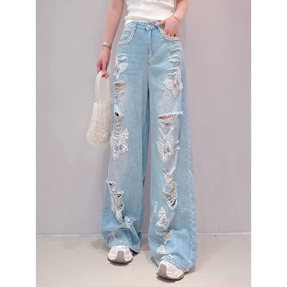 素敵なジーンズ女性の 2025 夏の新甘いハイストリートロングデニムパンツダイヤモンドラインストーン弓穴デザインストレートデニムパンツ