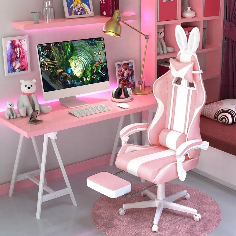 Silla de juego rosa Kawaii con Orejas de conejo, silla de juego de ordenador de oficina de cuero reclinable de carreras de 250 libras