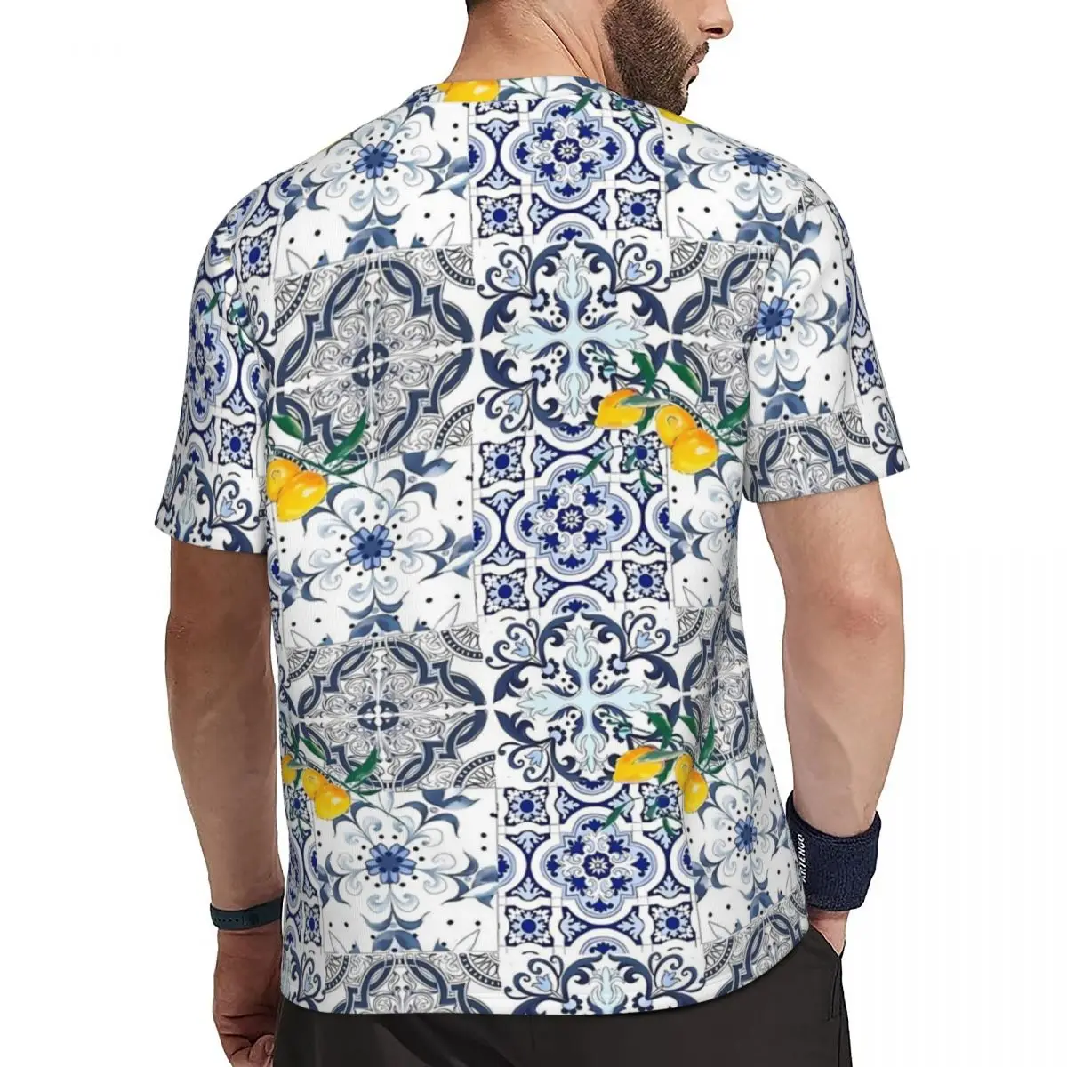 Majolica Lemon T Shirt Men Blue flowers Streetwear Gym T Shirts Comfortable Summer Trendy Cool Tee Shirt Graphic Oversized Tops