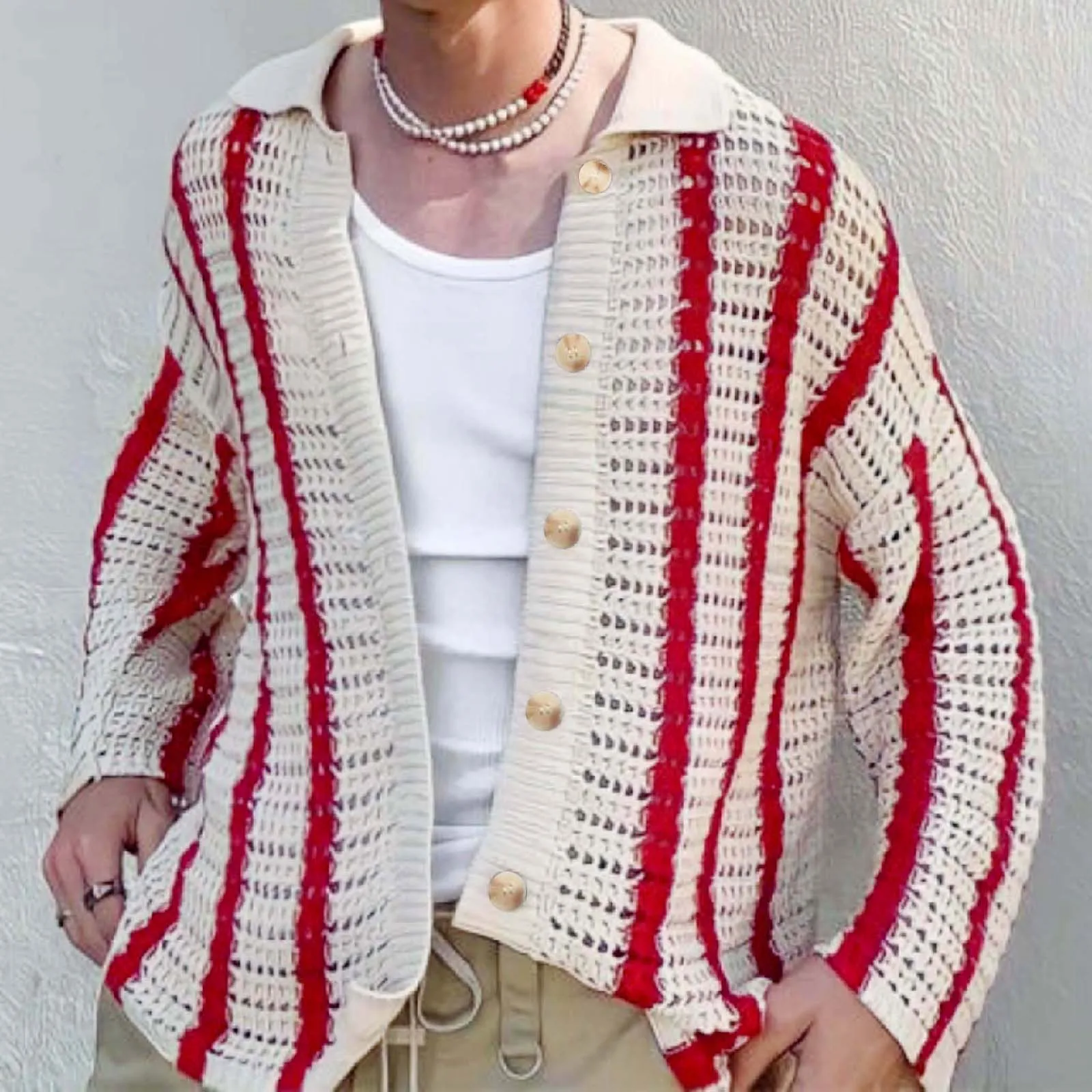 Fashion Men\'s Hollowed Out Knitted Sweater with Versatile Striped Cardigan Sweater for Men