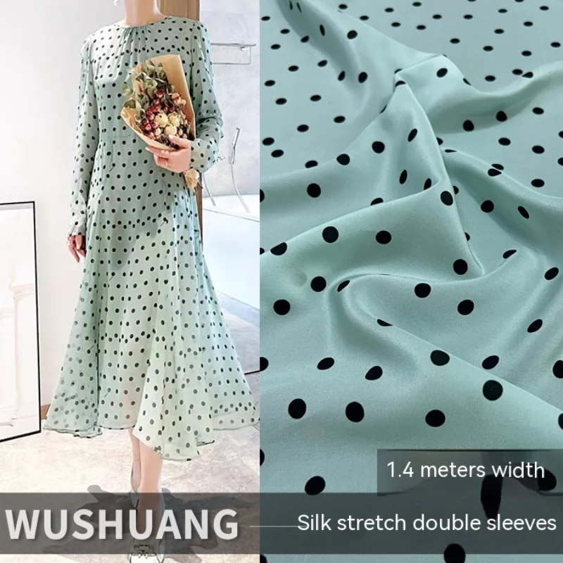 Silk Crepe De Chine Fabric Spring Summer Shirt Dress Bean Green Polka Dot Print Craft Designer Fashion Wholesale Cloth