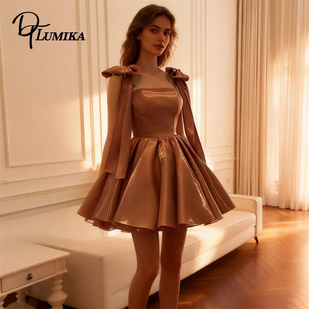 

DTLumika - Shiny Satin Cocktail Dress with Bow Straps, Square Neck, A - Line Mini Party Dress for Women