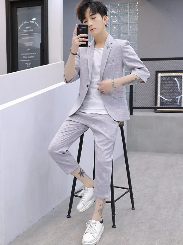 

Новый летний мужской костюм Slim Fit в клетку: тонкая рубашка с коротким рукавом, повседневный комплект из смесового полиэстера для бизнеса и отдыха