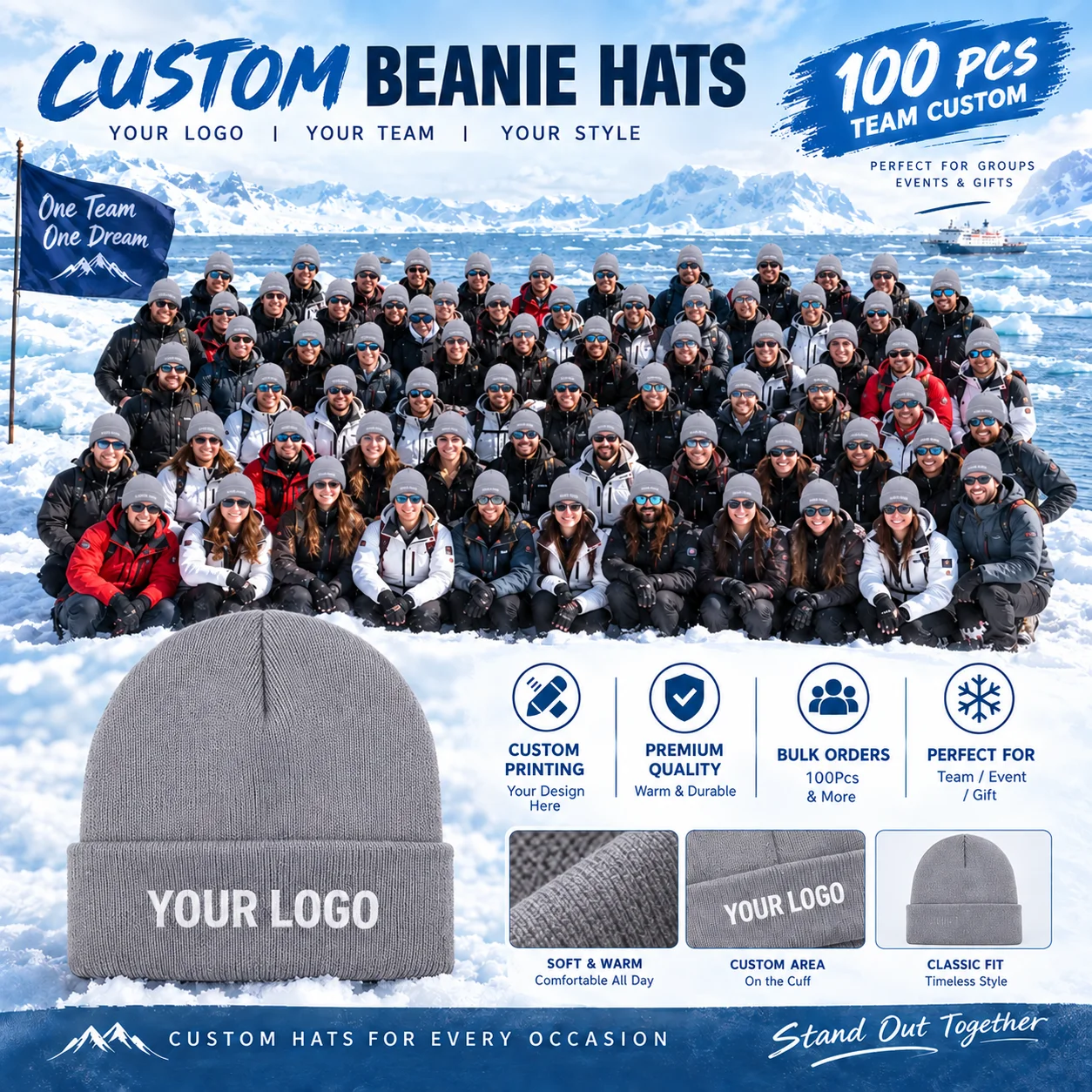 100 custom knit hats, can print personal or team logos, perfect for teams, companies, events, and group gifts