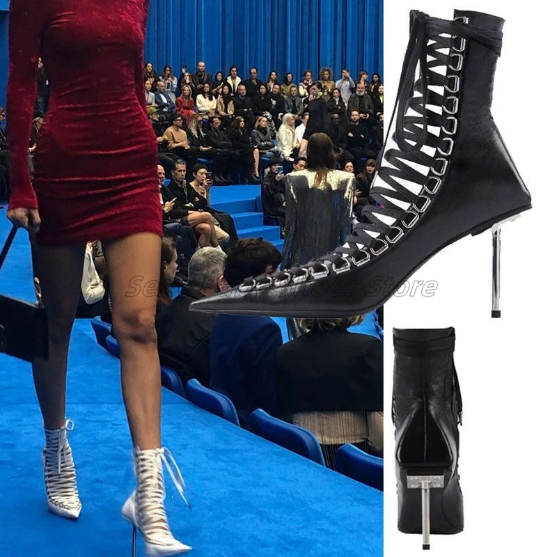 

Personality Strap Pointed Sexy Hollow Out Fashion Show Plus Size Cowhide Cool Boots Leather Nightclub Metal High Heels Boots