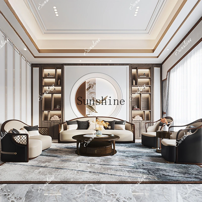 

Light luxury new Chinese ebony solid wood first-layer cowhide sofa three people FT