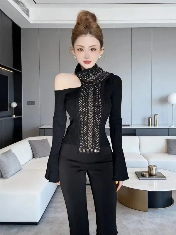 

Ele Bla Knitted Sweater with Scarf Long Sve Slim Fit oulder Bared Women's Spring Autumn New Sle Warm Faionable...