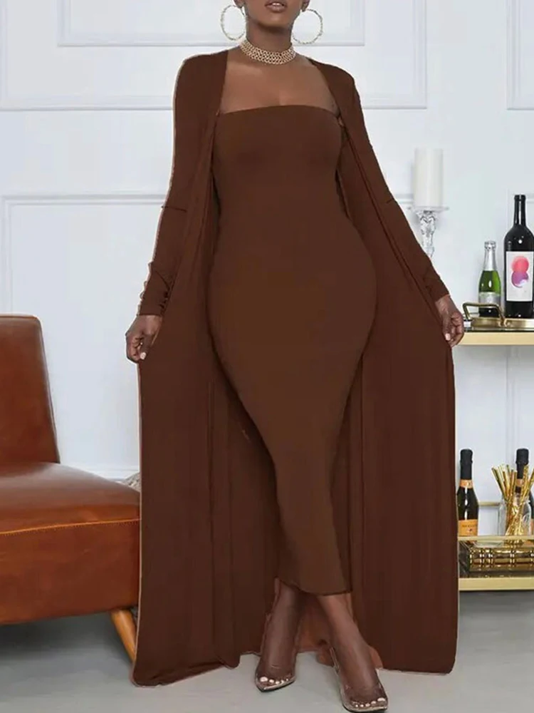 

New Solid Sexy Tube-Top Slim Dress Long Cardigan 2-Piece Set Elegant Party Dresses Long Sleeve Coat Woman Wedding Guest Suit