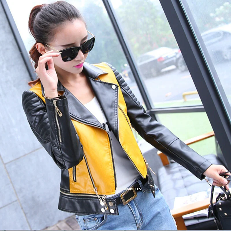 Women Soft Motorcycle Short Faux Leather Jacket Women Ladies Autumn Biker Streetwear Black Spliced Zippers Locomotive Coat 2022