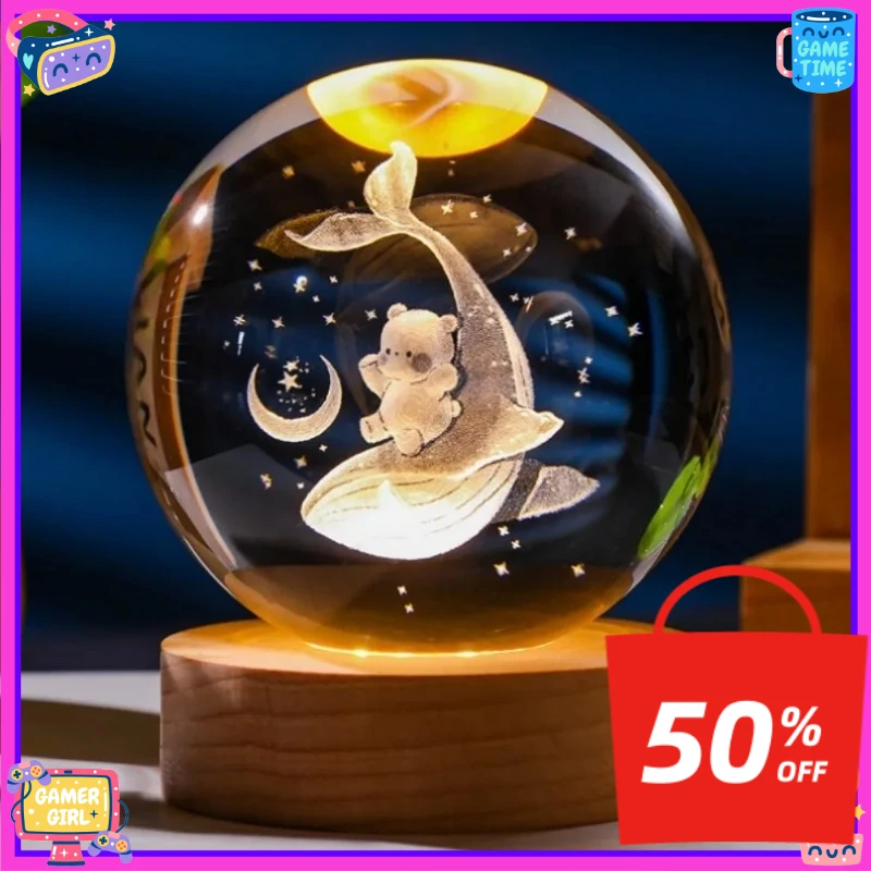 Artisan Crafted 6cm 3D Laser Engraved Solar System Globe - Crystal Clear Glass Planets with Warm White LED Night Light Display
