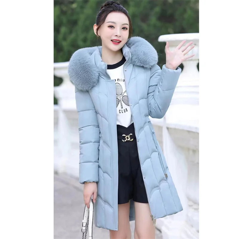 2024 Winter Parkas Women Cotton-Padded Jacket Women\'s Fur Collar Cotton Liner Jacket Slim Long Thick Coat Hooded Female Pink