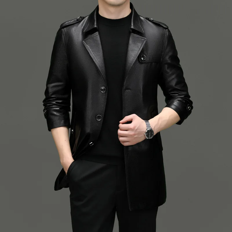 

Модная банкетная мужская одежда, осенне-зимняя деловая повседневная кожаная куртка средней длины, однобортные мужские пальто с лацканами