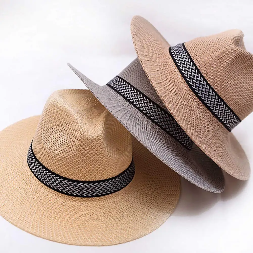 Men Sun Hat Wide Brim Sunscreen Washable Beach Hat Summer Jazz Sun Hat Panama Men Straw Hat Cowboy UV-proof Breathable Bucket