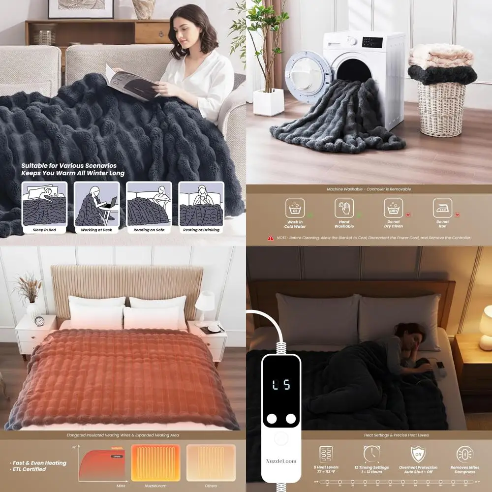 

Queen Size 84x90 Electric Heated Blanket - Ultra-Soft Faux Rabbit Fur, 5 Heat Settings, Auto-Off, Overheat Protection, Machine W