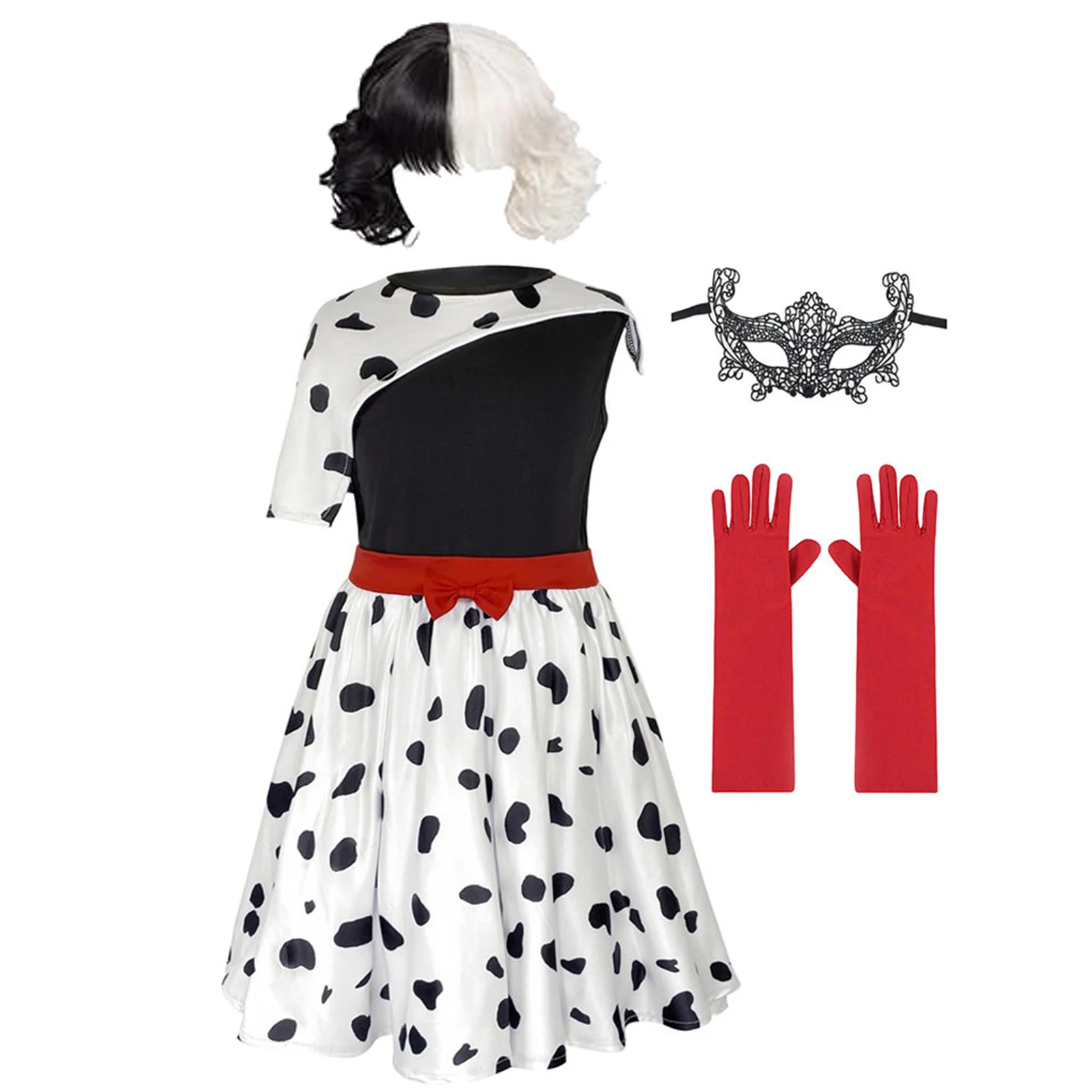 Jurebecia Cruella Costume for Girls Halloween Cosplay Dress Speckle Print Dresses Kids Fancy Party Dressing up Outfit