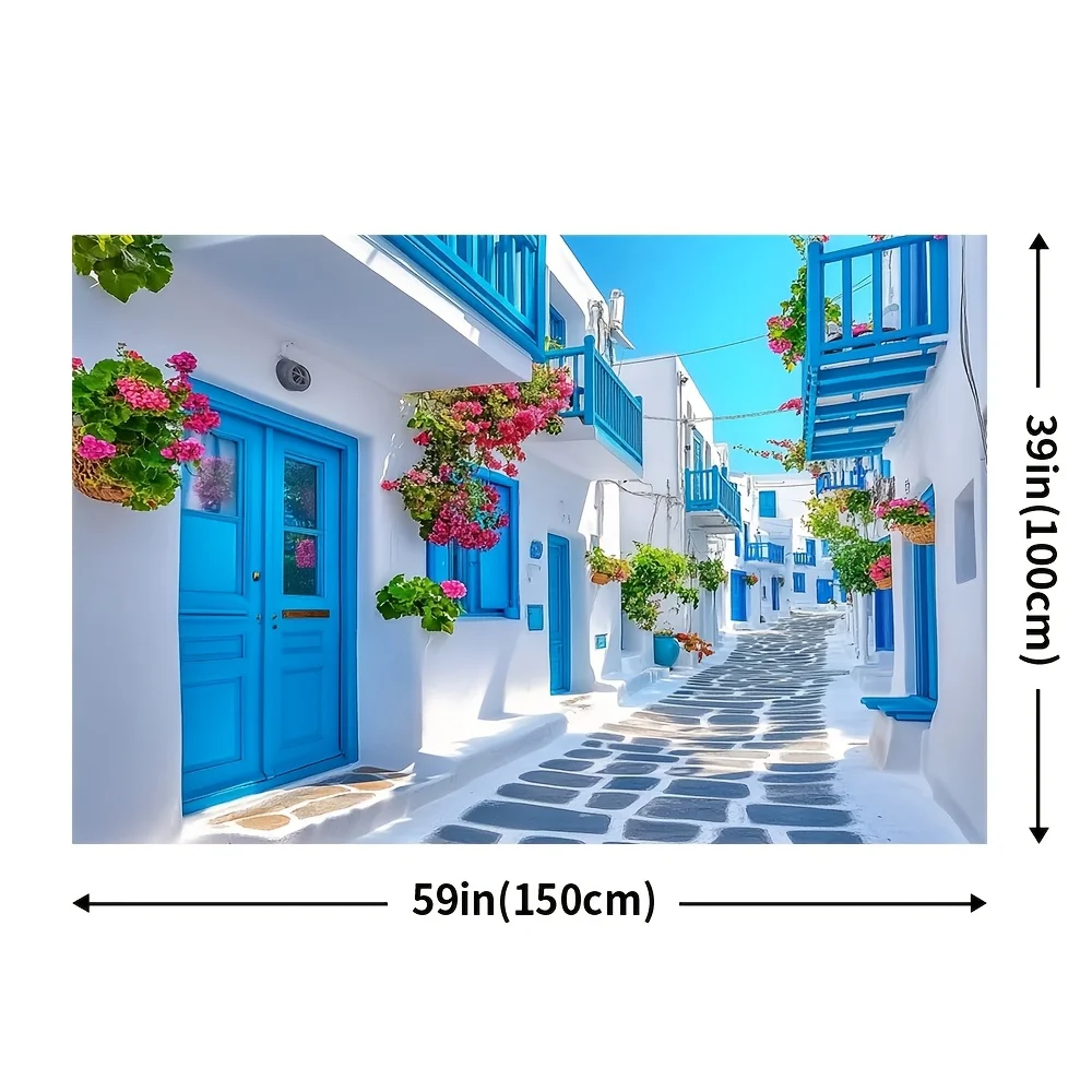 1pc, Santorini Greece Blue Door White House Street Travel Tapestry Mediterranean Wall Decor Home Office Background Print