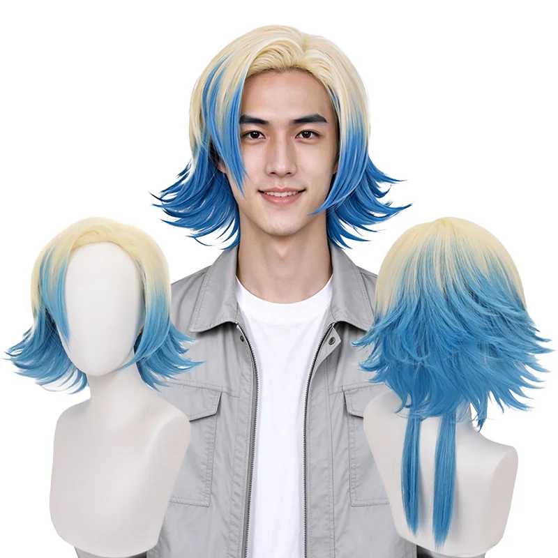 Anime Michael Kaiser Cosplay Wigs Blonde Blue Gradient Short Wig with Long Ponytail Back Fluffy Layered Wig for Party Daily