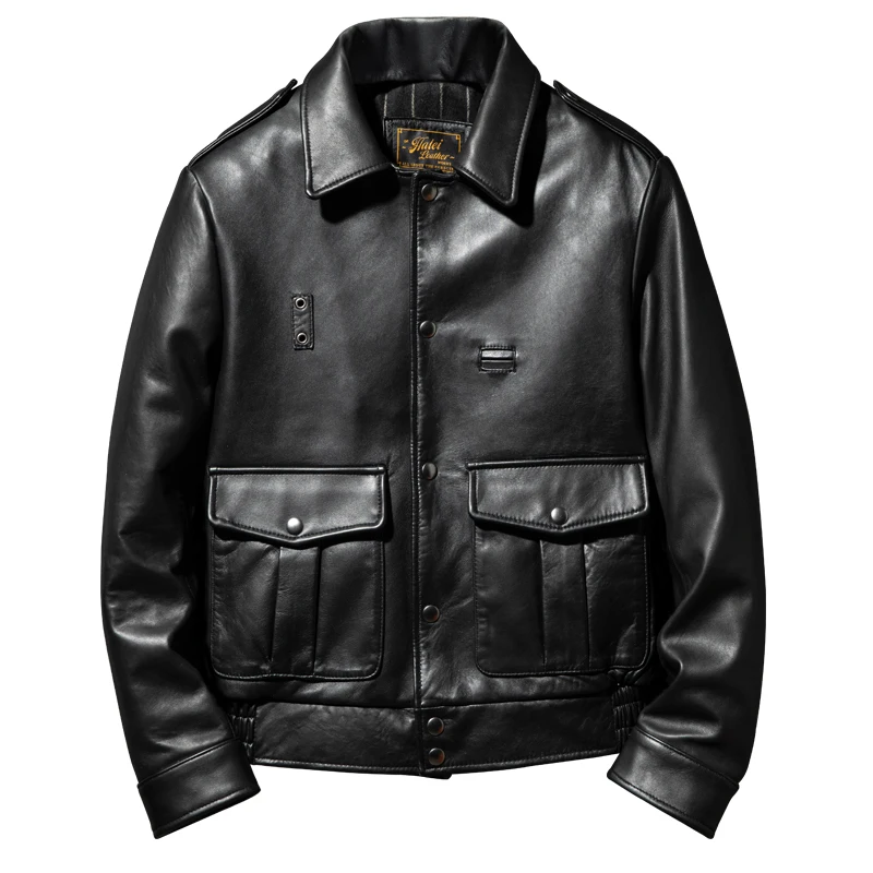 Men's Genuine Sheepskin Leather Jacket Black Deck Jacket Snap Button Epaulettes Flap Pockets Military Style Autumn Coat